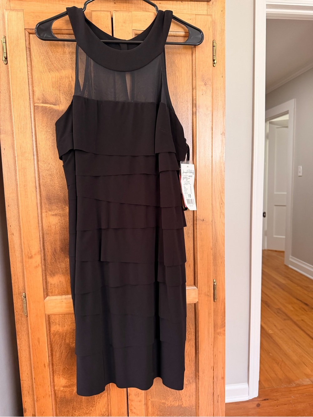 Joseph Ribkoff Black Sleeveless Tiered Midi Dress with Sheer Yoke